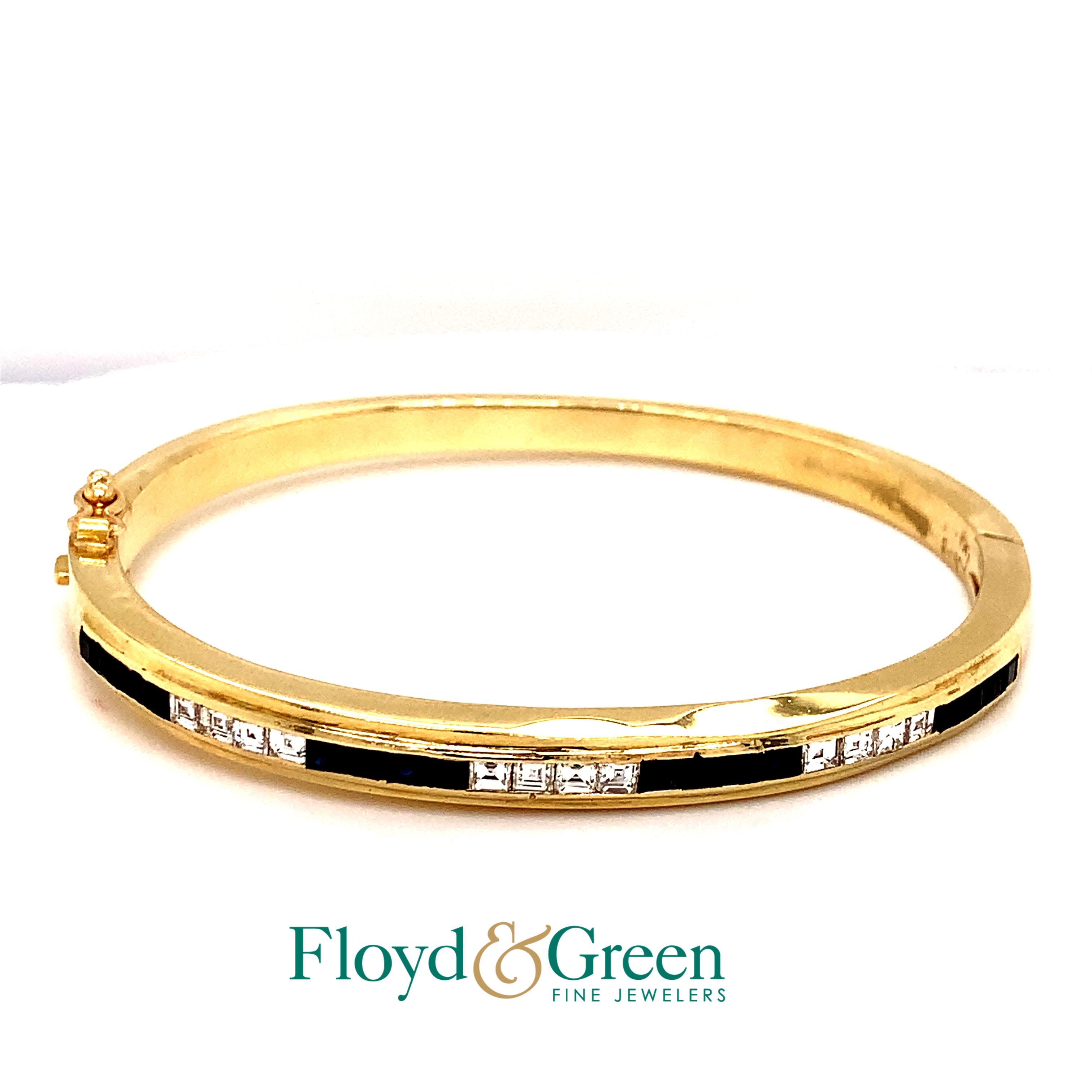 Yellow Polished 14 Karat Hinged Bangle Bracelet Length 7;  16=1.28 ctw Square Blue SI2 Sapphires
12=0.84 ctw Square J/K VS1-VS2 Diamonds Gram Weight: 29.72