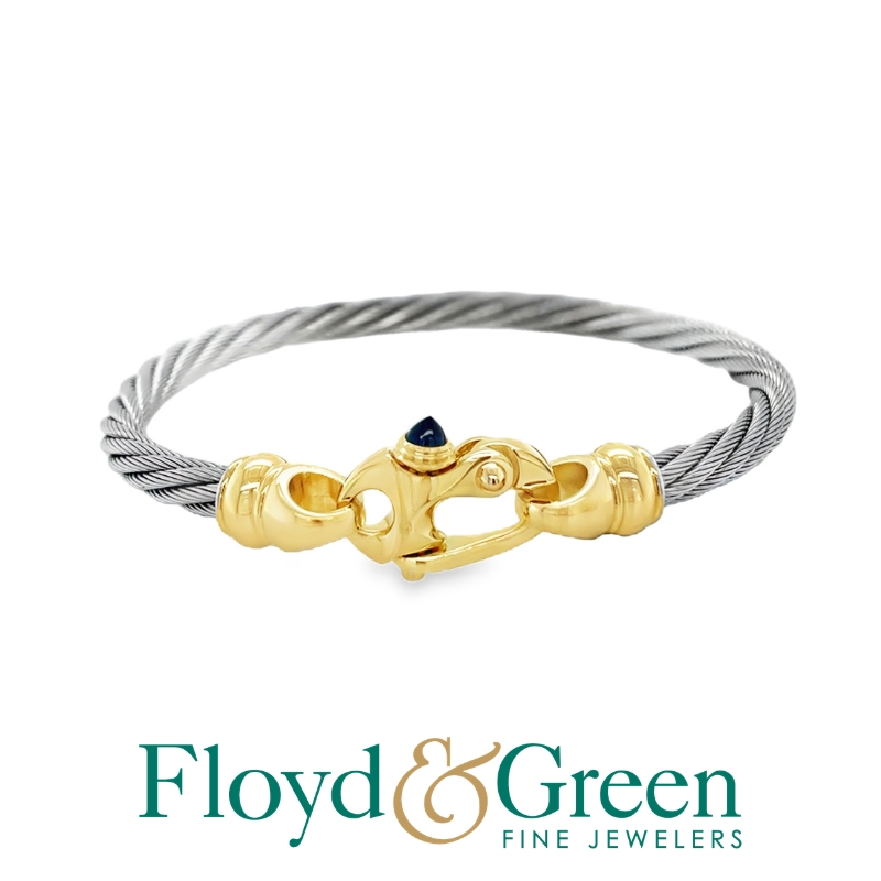 Stainless Steel & 14KY Cable Bracelet with Blue Sapphire Release Pin, 8 inch