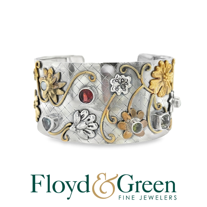 Sara Blaine Sterling Silver & 18k Cuff Bracelet with Multi-colored Stones, 39.3g