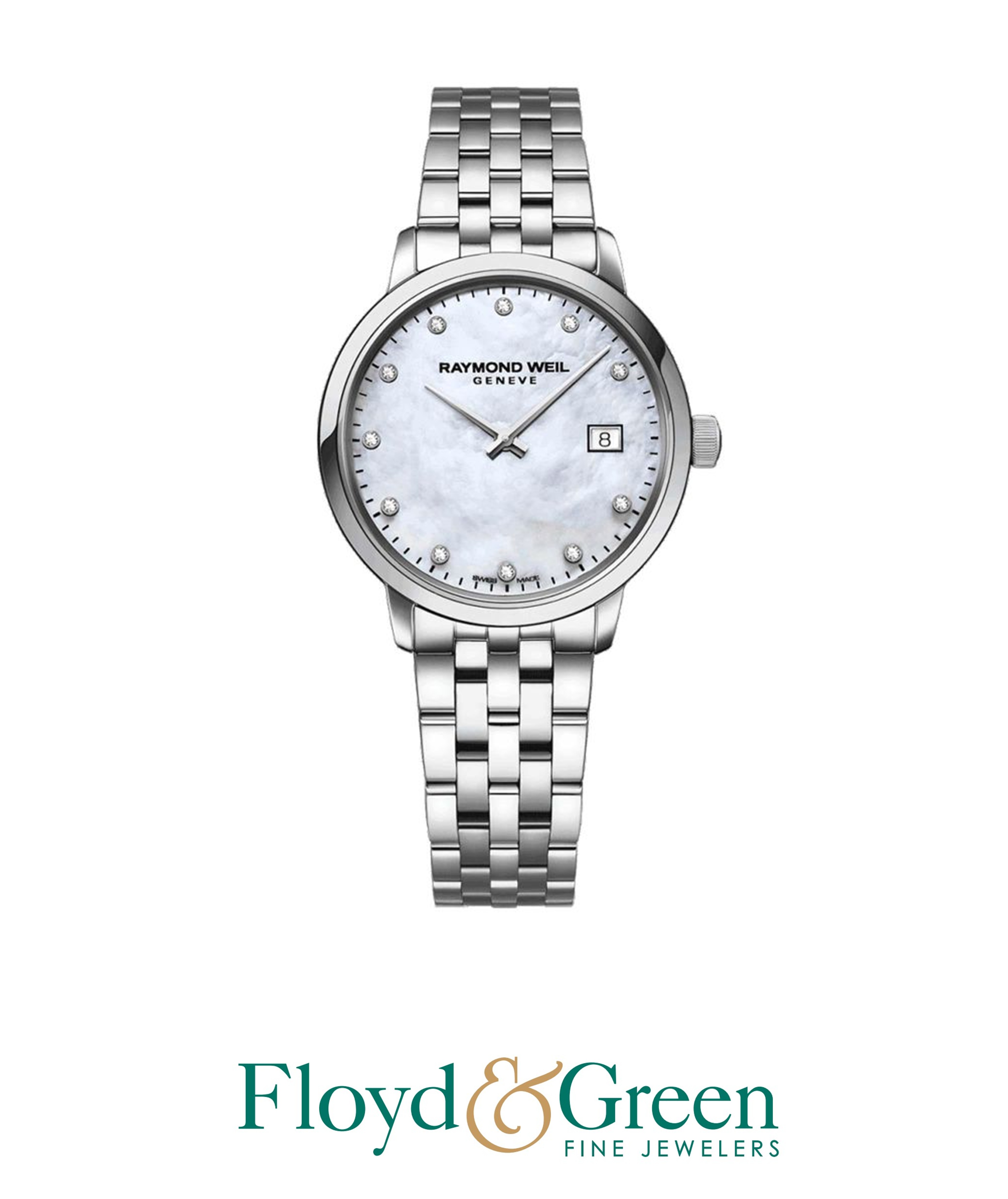 Raymond Weil Toccata Ladies Quartz Diamond White Mother of Pearl Dial Bracelet Watch, 29mm, 11 Round Diamonds, 0.036ct