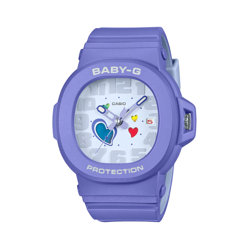 BGA10-6A analog BABY-G featuring a color-changing heart motif.  Purple
