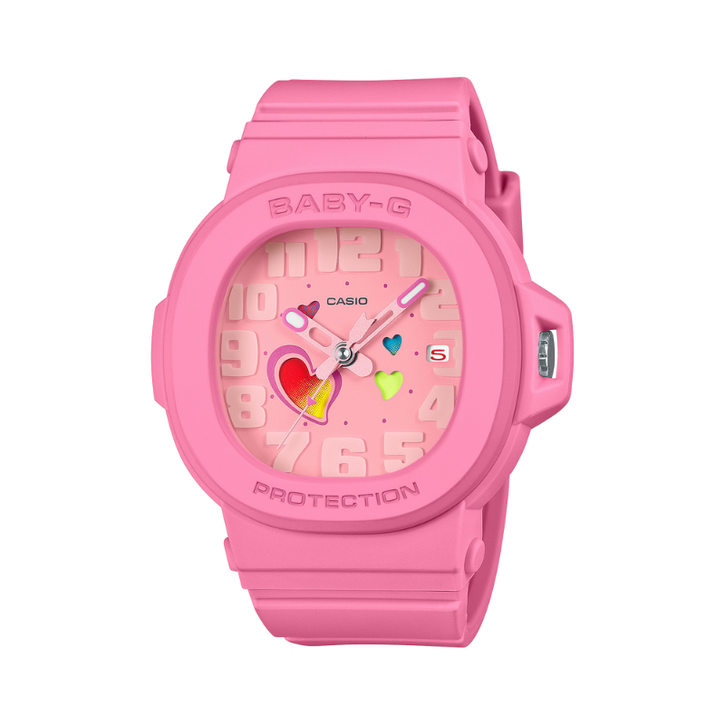 BGA10-4A an analog BABY-G featuring a color-changing heart motif.  Pink