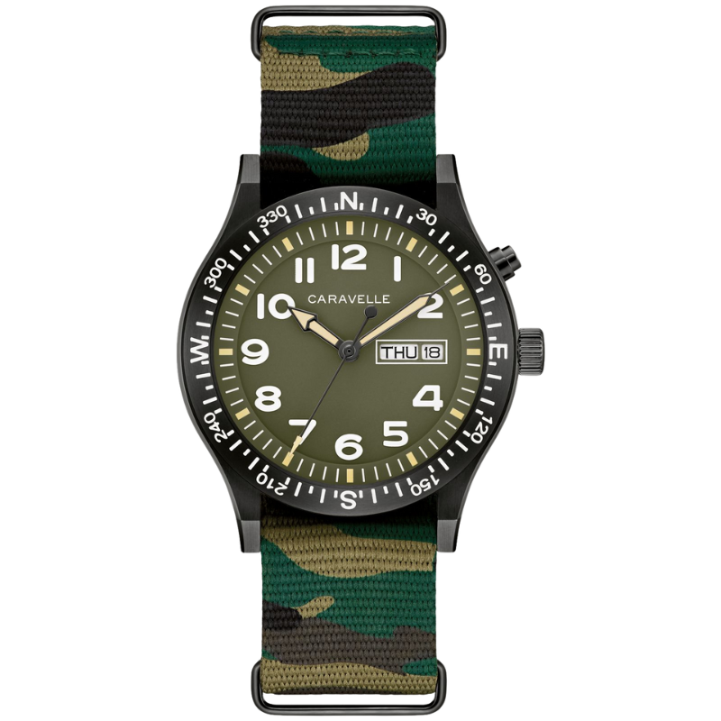 Caravelle Light Up Watch with Green Dial and Camouflage Strap