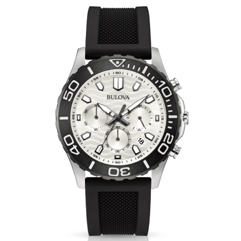 Stainless Steel Watch w/ Black Bezel, White Wave Dial, and Black Strap - 42MM