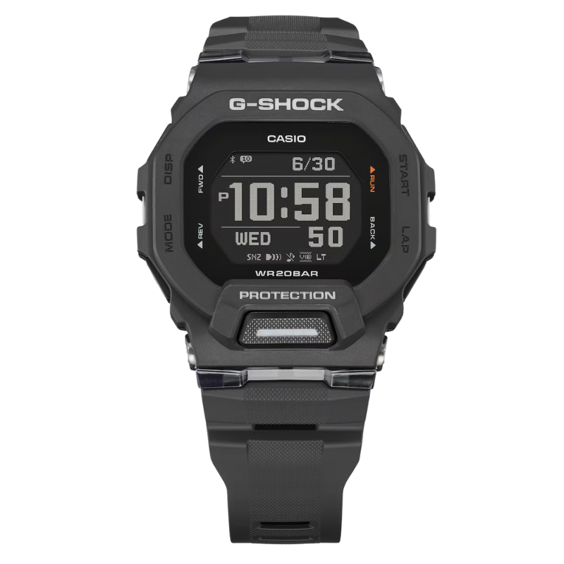 Introducing new additions to the CASIO WATCHES sports lineup with a step counter and phone linking in a square design and colors that look great whenever you train. The new GBD200-1 comes in an all black colorway. <br>

This model is thinner than previo