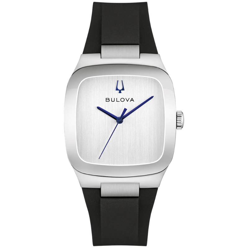 Milennia - Silver stainless steal with a silver dial and blue accents; silicone band
