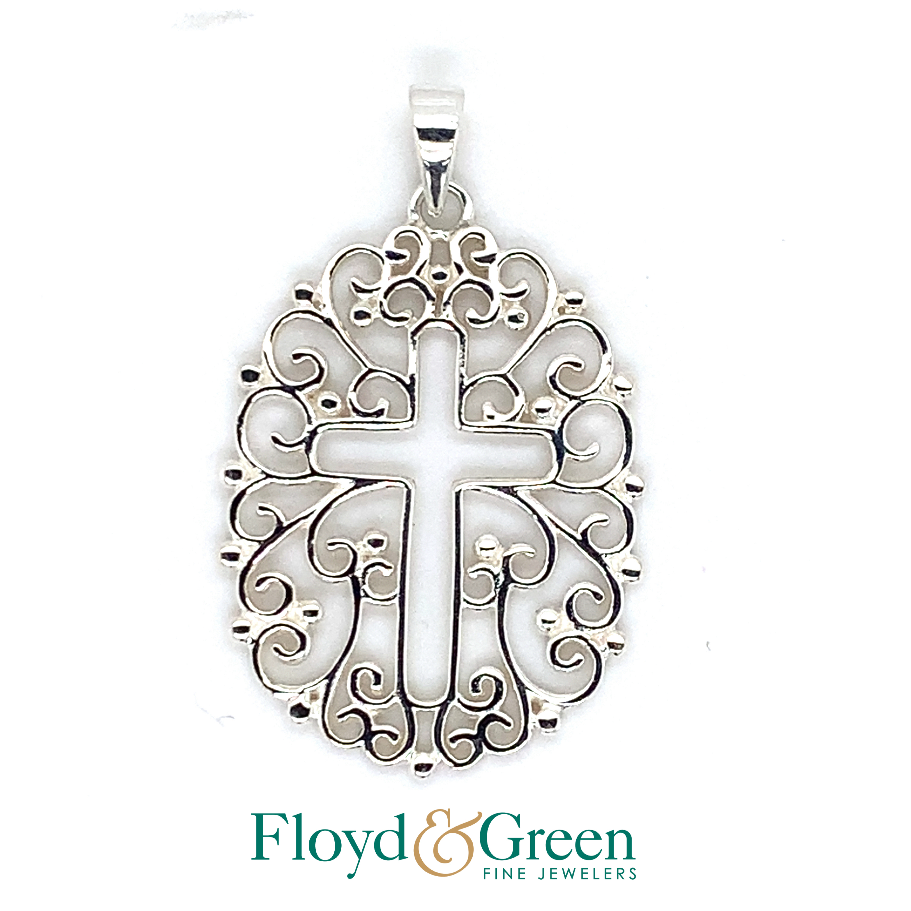 Sterling Silver Decorative Oval Pendant with Cross, 3.4g