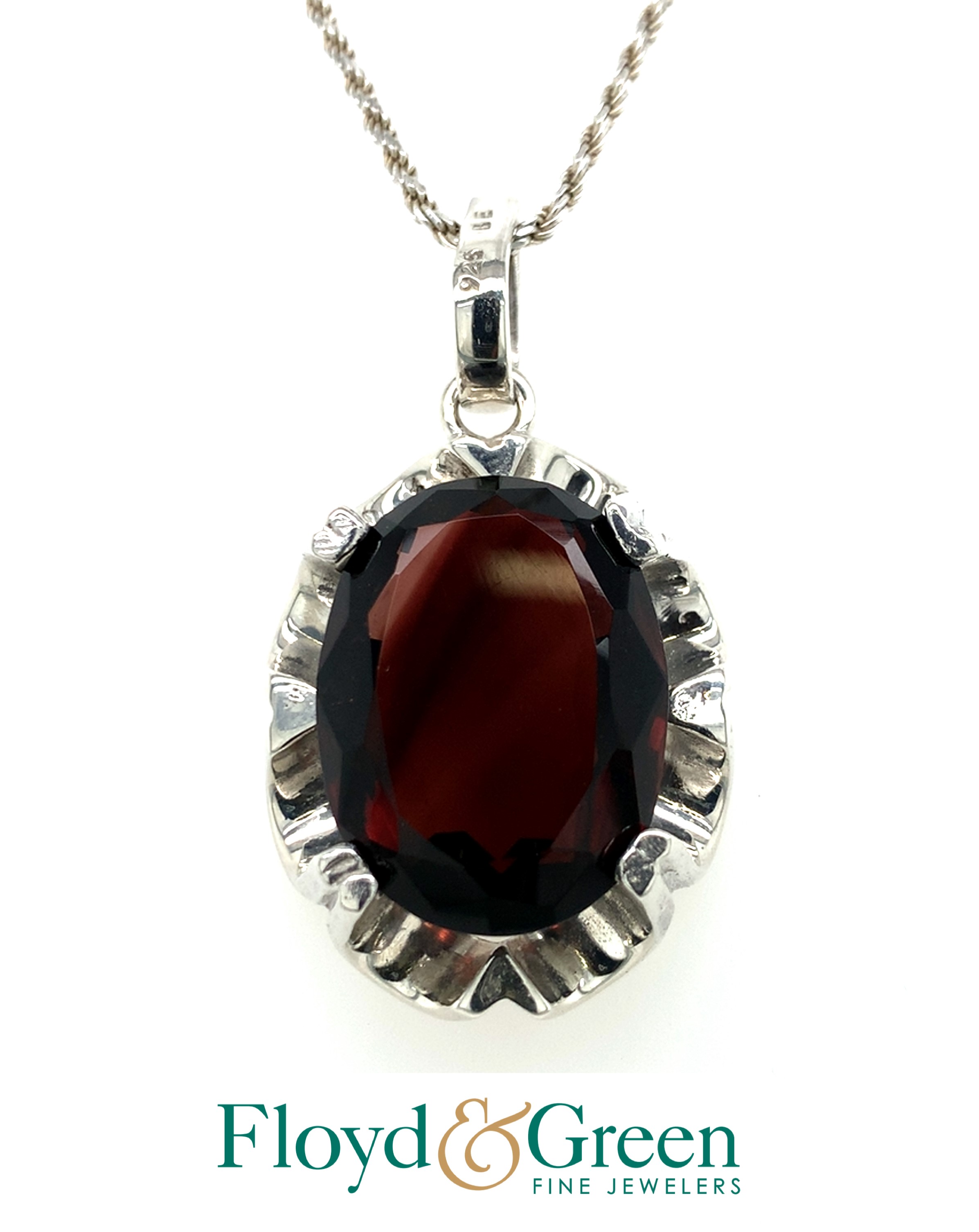 Sterling Silver Oval Dark Red Glass Pendant, 13.5g, on a Sterling Silver Rope Chain, 36 inch, 10.7g