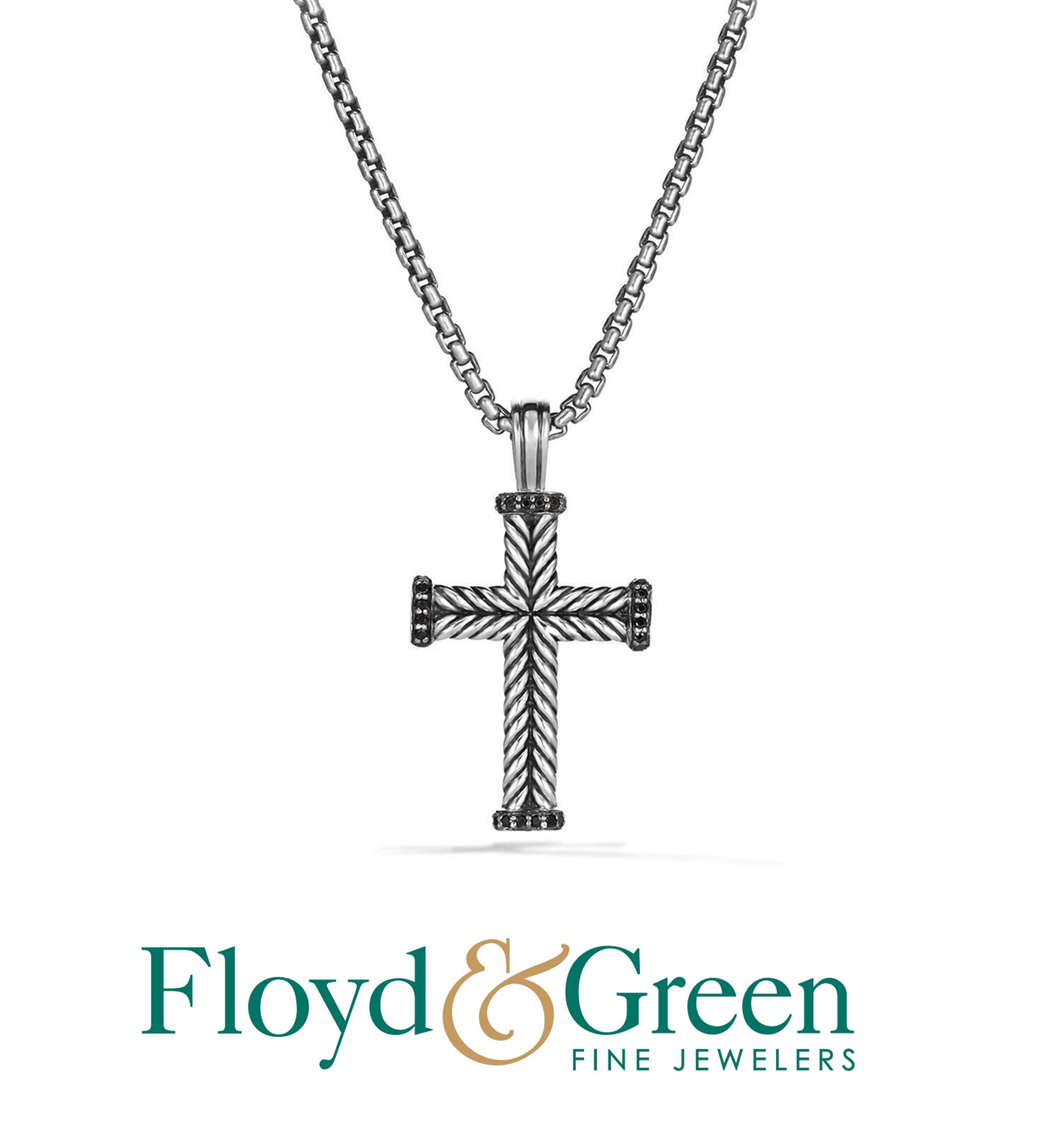 David Yurman Sterling Silver Cross with Pavé-set Black Diamonds, 0.16ct, on a Sterling Silver Box Chain, 28 inch