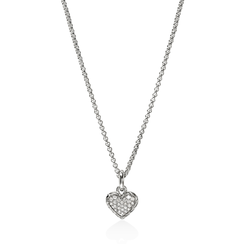 JH Essentials Heart Silver Diamond Pave (0.14ct) Pendant on 1.5mm Mini Rolo Chain