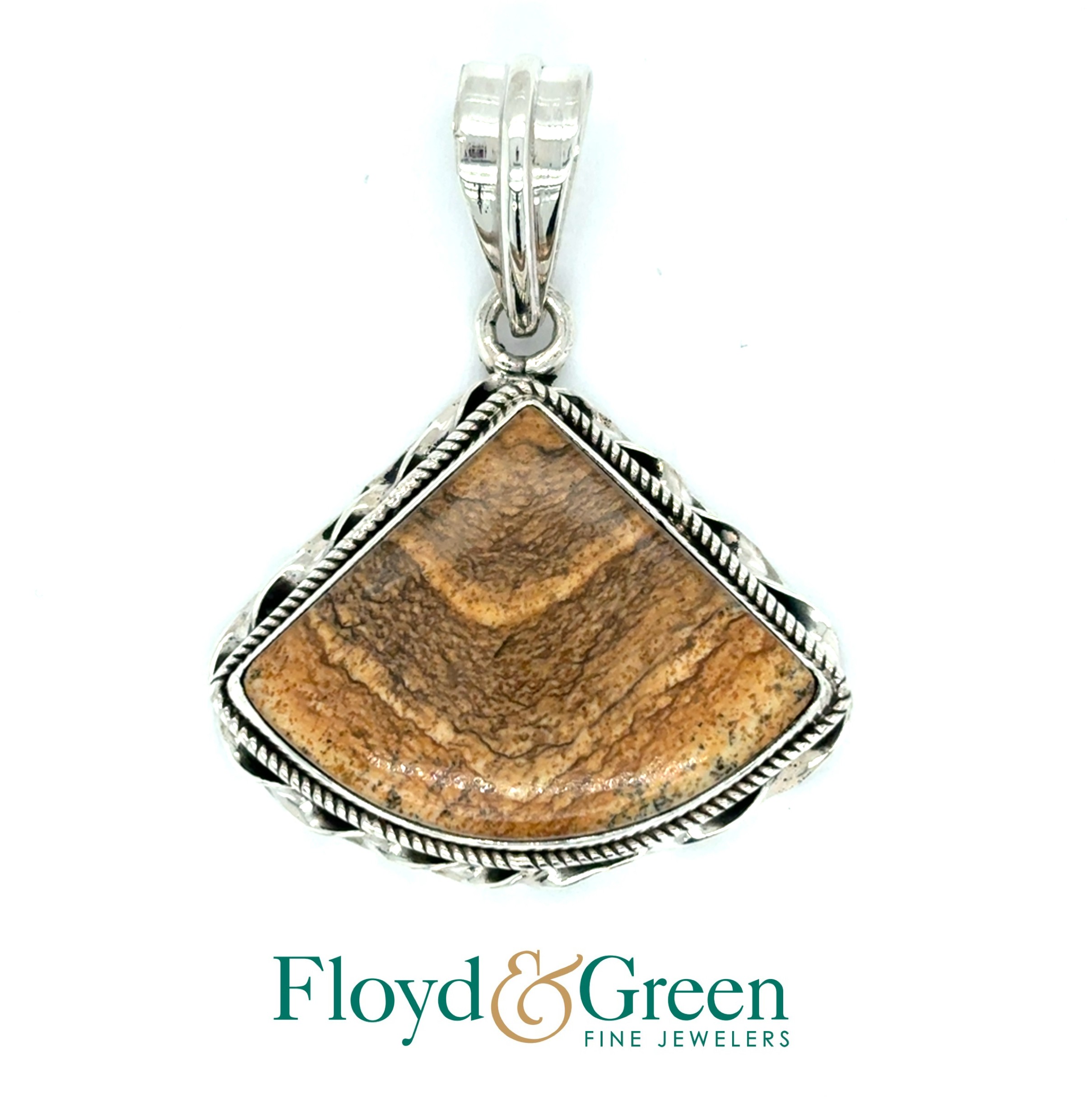 Sterling Silver Fan-shaped Browon Agate Pendant, 11.9g