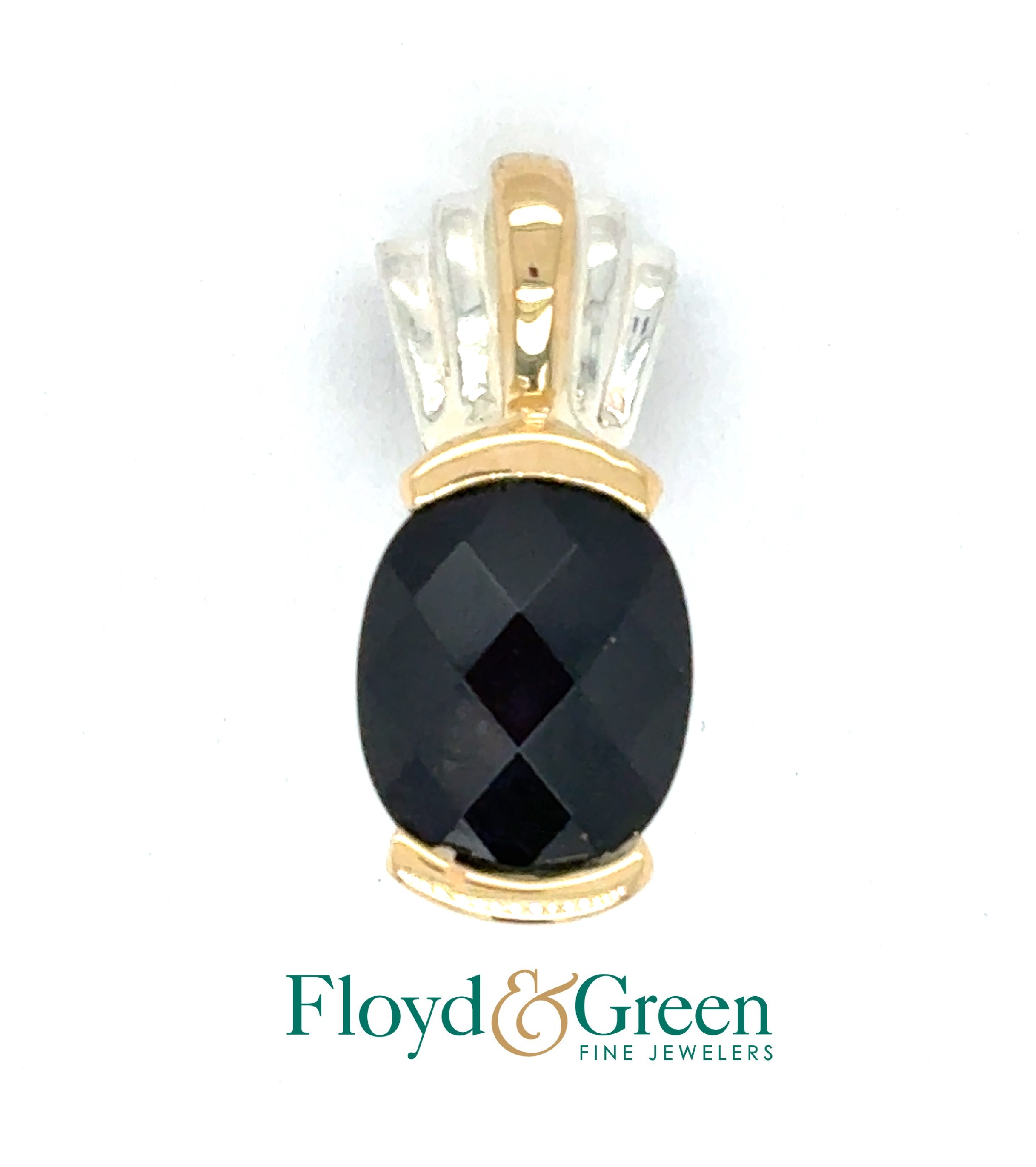 18KY and Sterling Silver Onyx Drop Pendant, Oval Checkerboard, 2.13ct, 3.12g