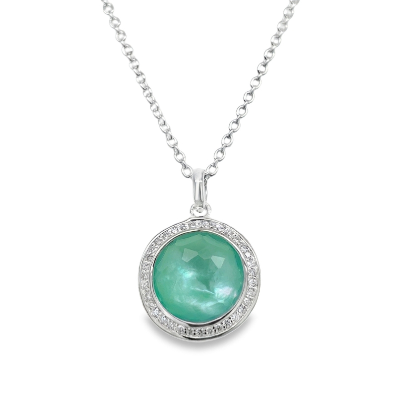 Limpido 925 Lollipop® Mini Pendant in Rock Crystal-MOP-Dyed Green Agate Triplet w/ Diamonds 0.14ctw 16-18