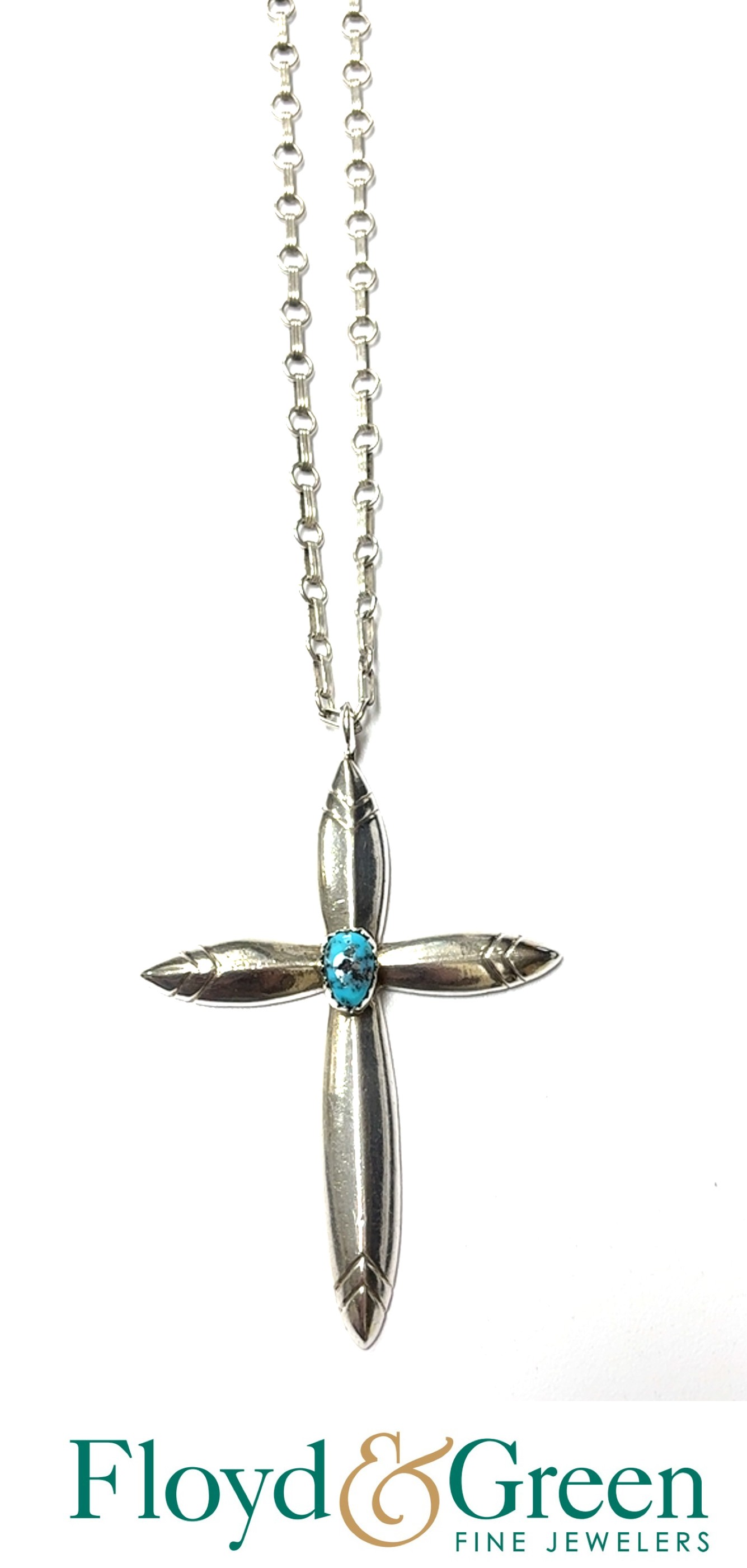 Sterling Silver Cross Pendant with Blue Turquoise on Sterling Silver Chain, 24 inch