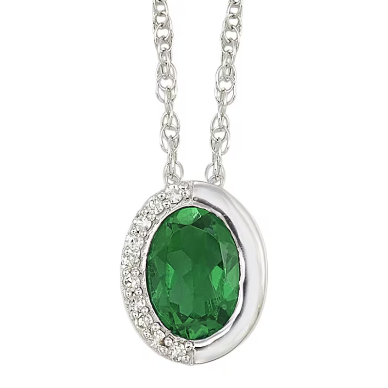 Silver Diamond and Created Emerald Pendant