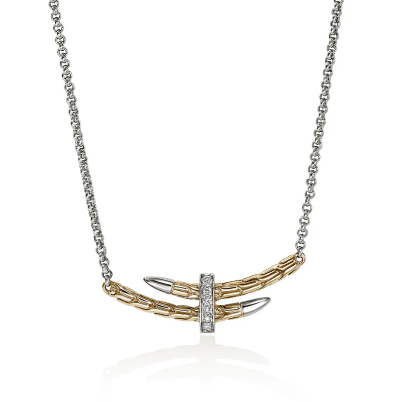 Spear 14K and Silver Dia Pave .08ctw Station Necklace w/ 1.5mm Rolo Chain Necklace 16-18in Adjustable