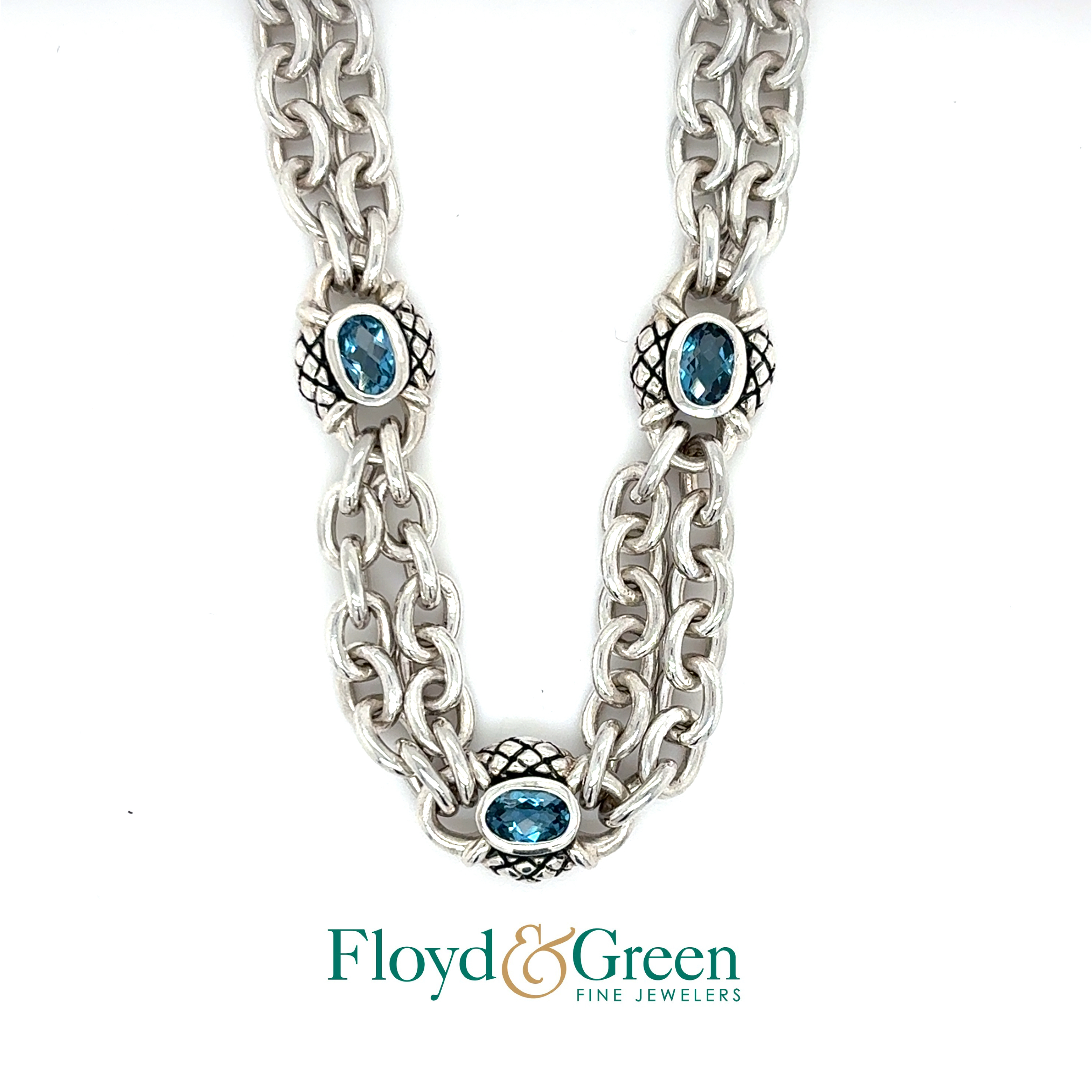 Scott Kay Sterling Silver & 18KY Accent Blue Topaz Stations Necklace, 16