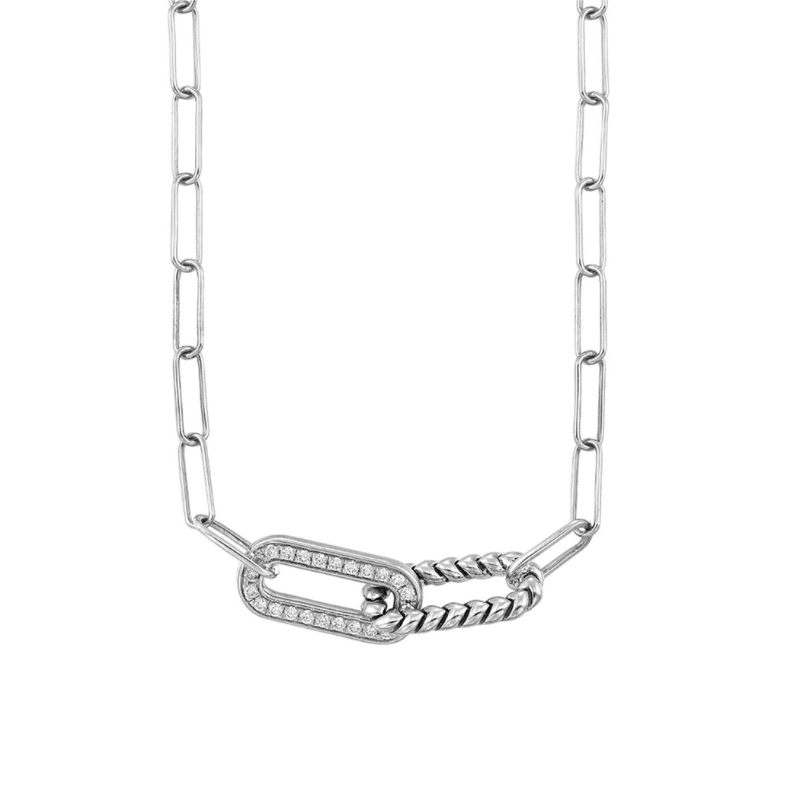 SS Double Link w/ Dia  .33ctw on Paperclip Chain Necklace
