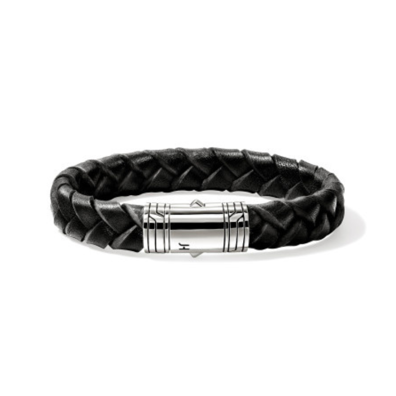 SS Men's 10MM Braided Black Leather Bracelet Size Large