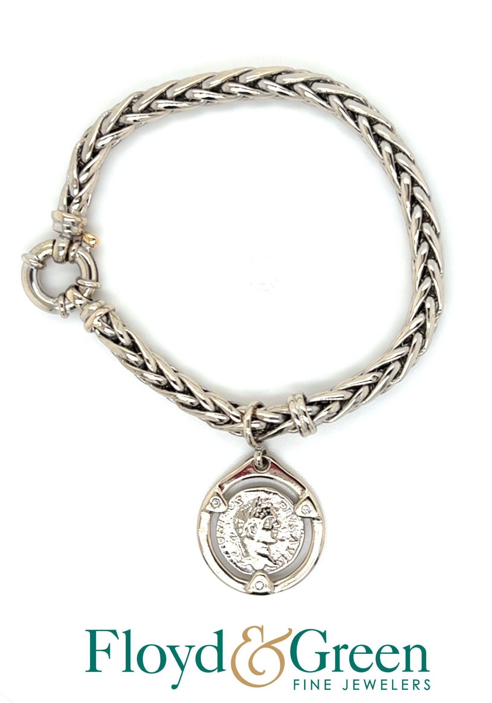 Italian Sterling Silver and 18KY Bracelet with 3 Diamonds and Coin Charm, 7.5 inch, 21.2g