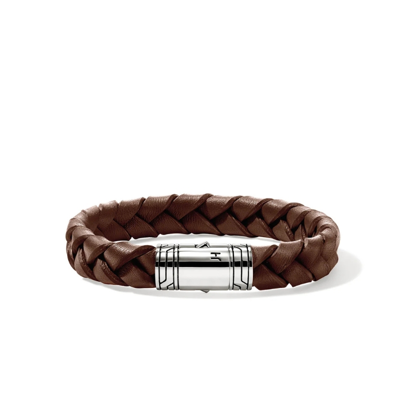 Men's Silver 10mm Braided Brown Leather Bracelet with Pusher Clasp - Size Large