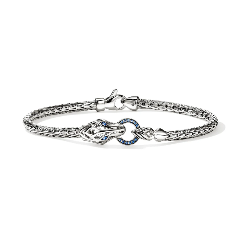 SS Naga Bracelet w/ Blue Sapphire Eyes Lobster Clasp Size UM