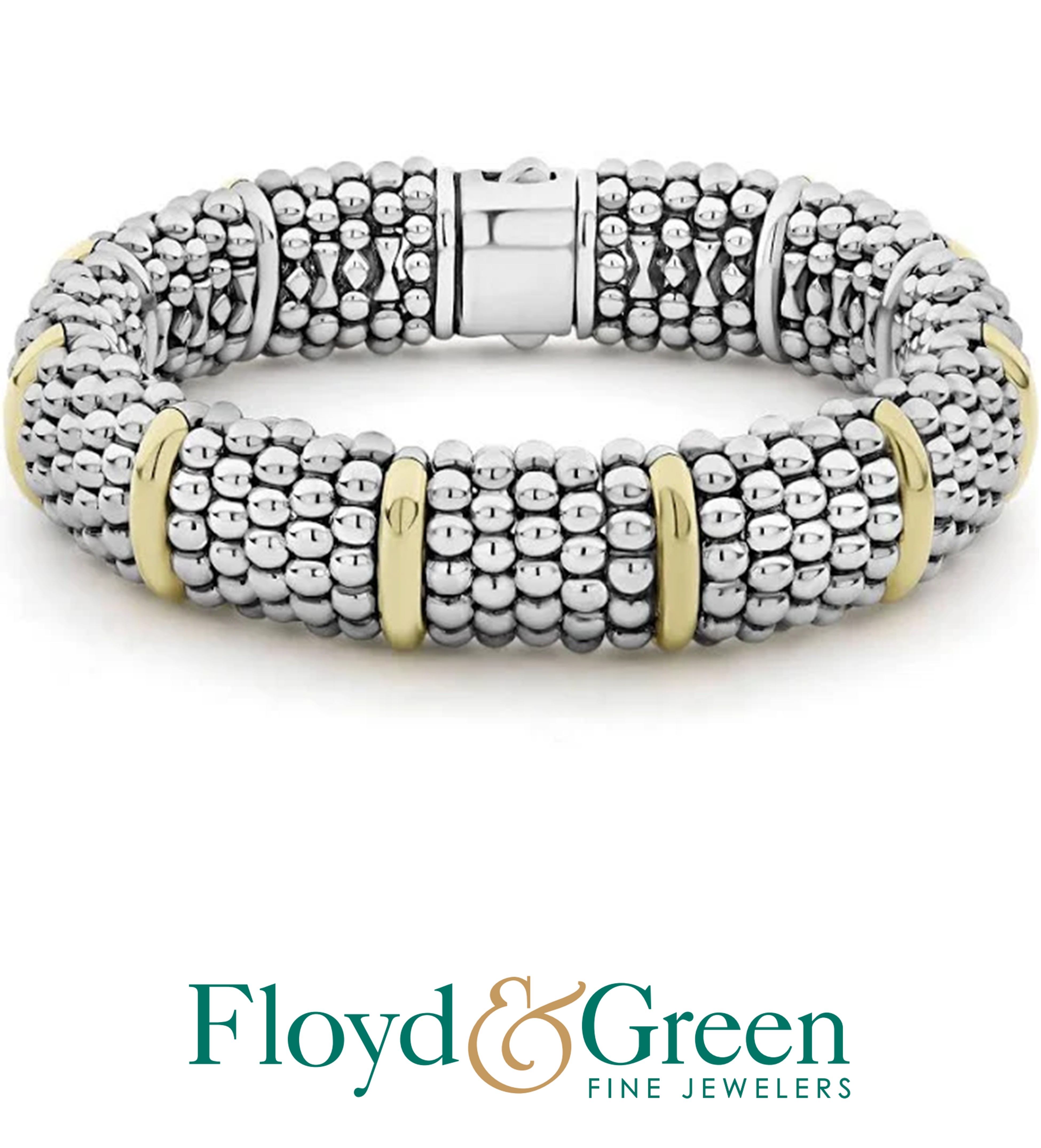 Lagos Sterling & 18KY Signature Caviar 15MM Gold Station Bracelet: Medium