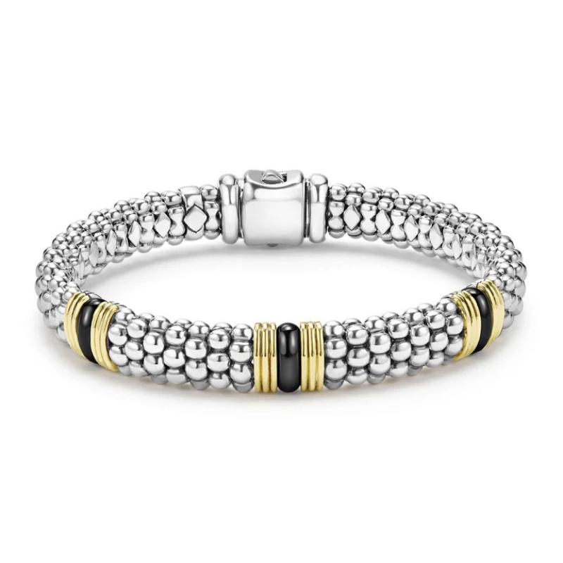 SS/18KY Black Caviar 3 Fluted Station 9mm Bracelet Size 7