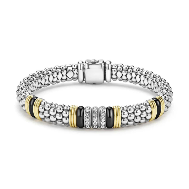 SS/18KY Black Caviar 3 Row Dia .33ctw G-H SI Station 9mm Bracelet Size 7