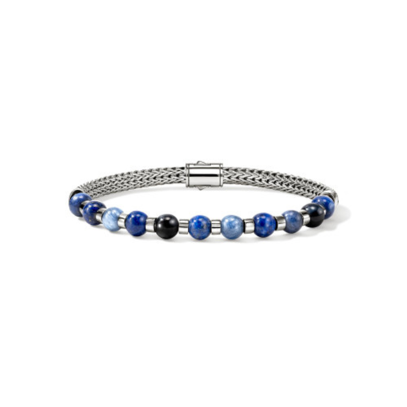 SS Men's Bead Chain Bracelet w/ Kyanite, Lapis, Blue Tiger Eye and Sodalite Size Large