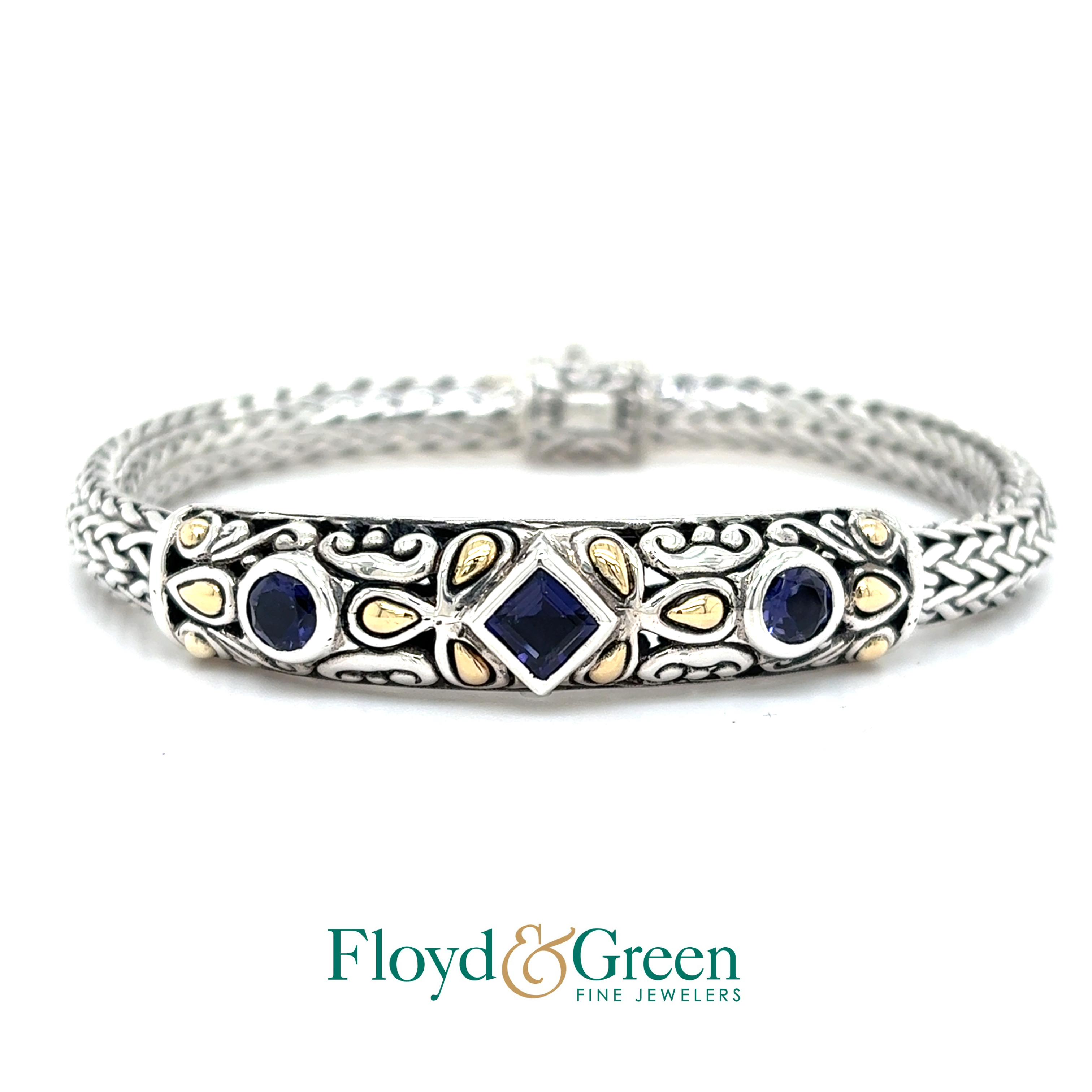 Sterling Silver & 18KY Triple Tanzanite Station Bracelet, 8.5 inch
