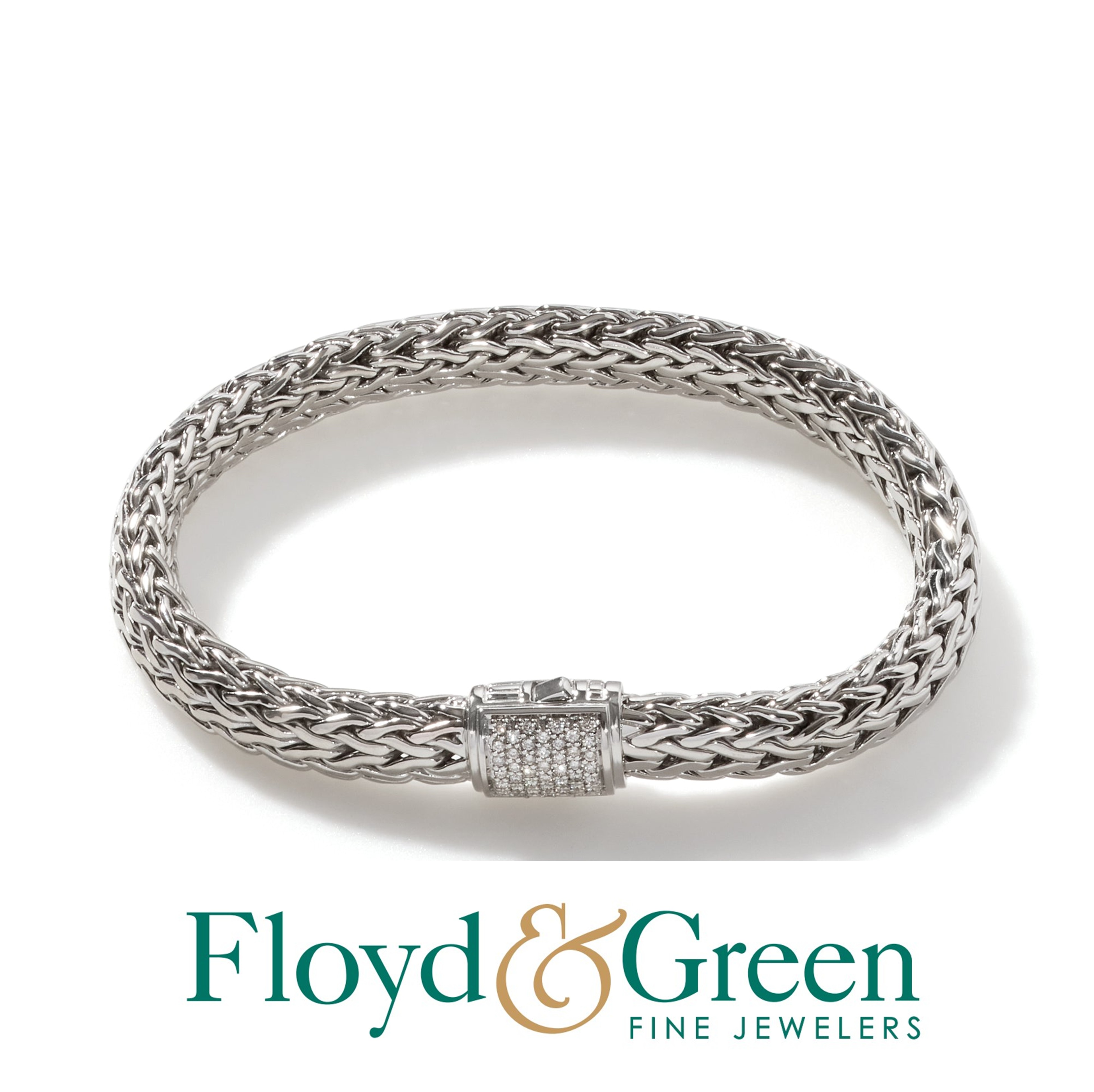 John Hardy Sterling Silver Classic Chain Bracelet 7.5MM w/ Pavé Dia .24ctw - Size Medium
