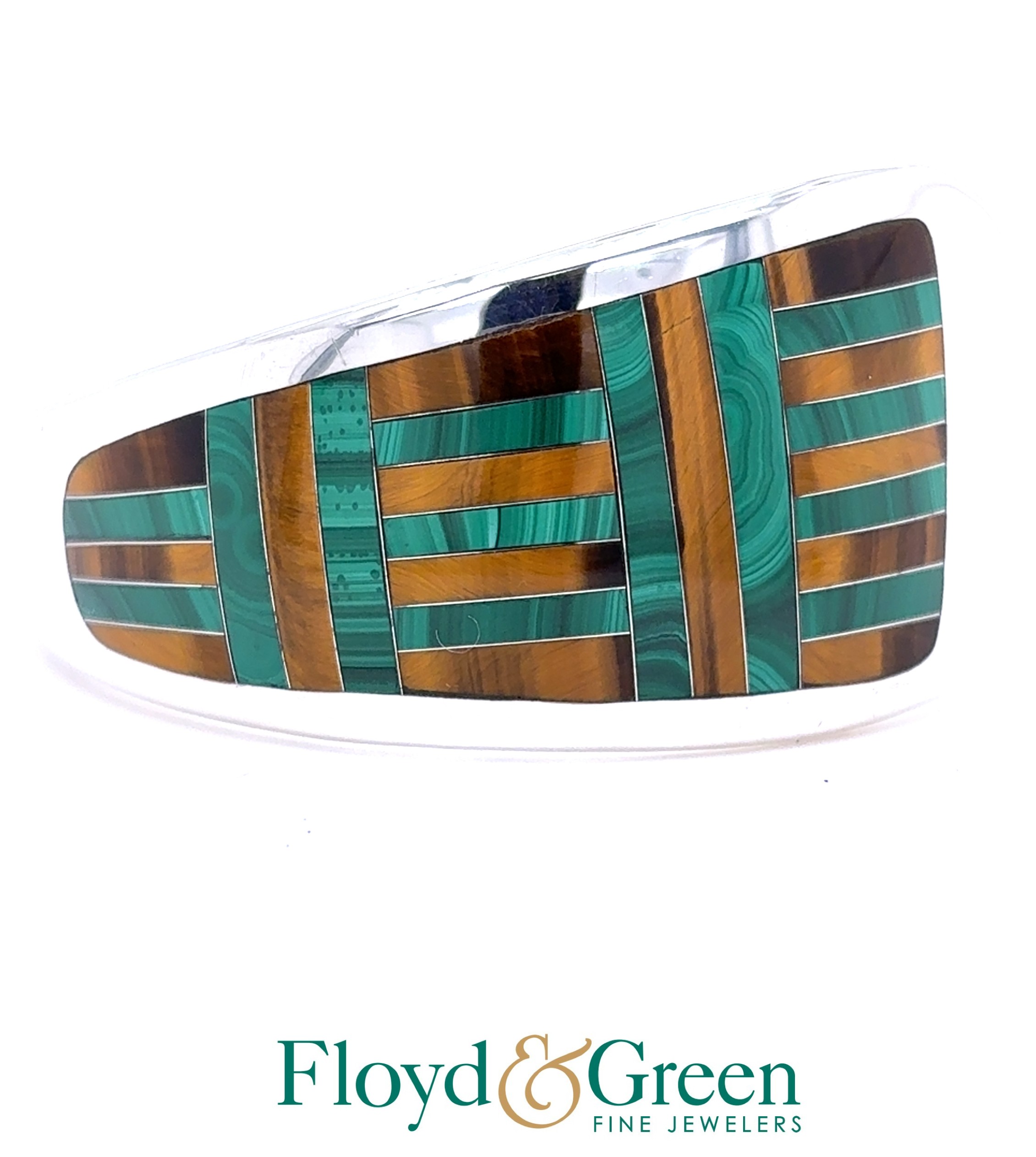 Sterling Silver Bangle with Malachite and Tiger Eye stones, 89.5g