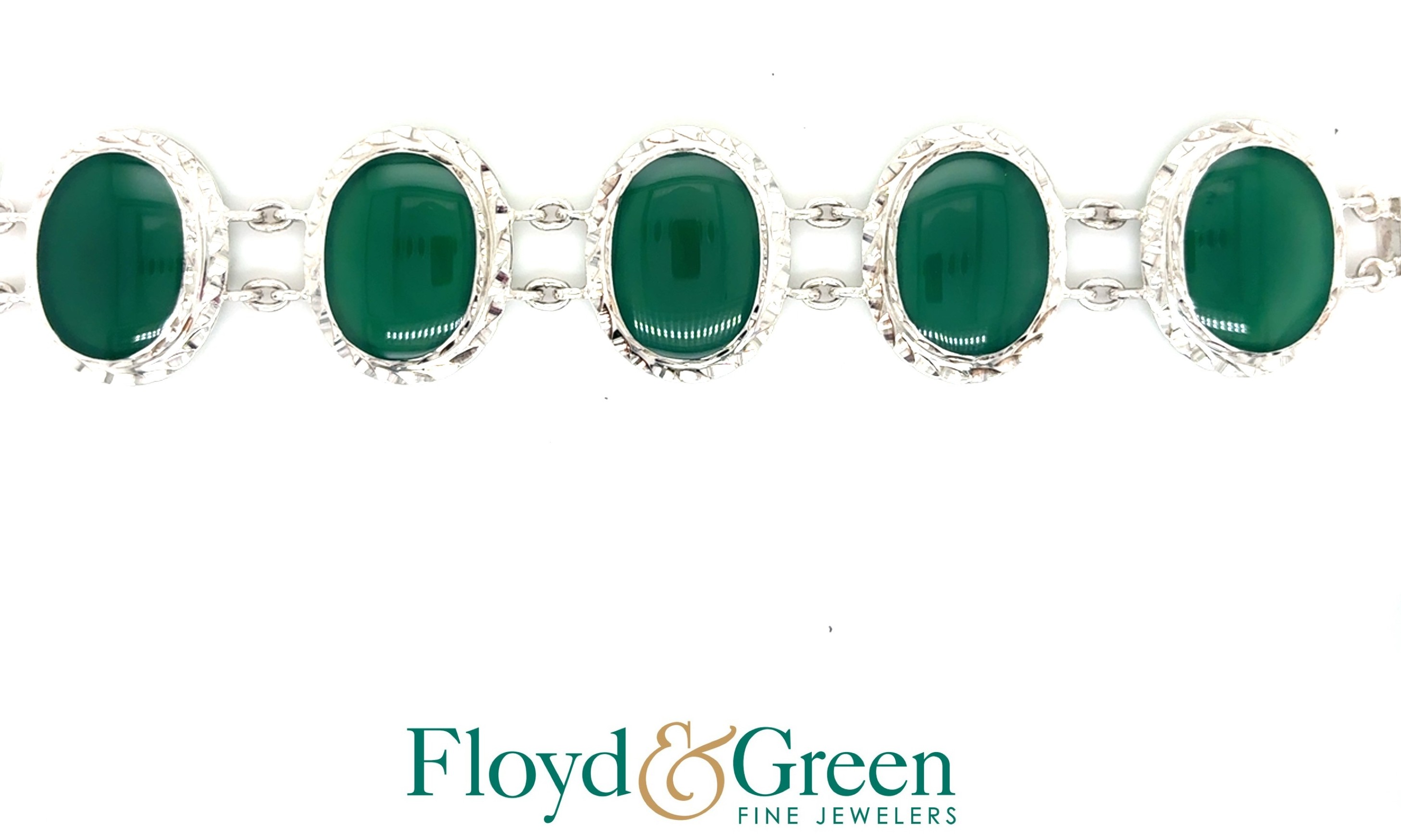 Sterling Silver Bracelet with 6 Oval Green Stones, 7 inch, 42.3g