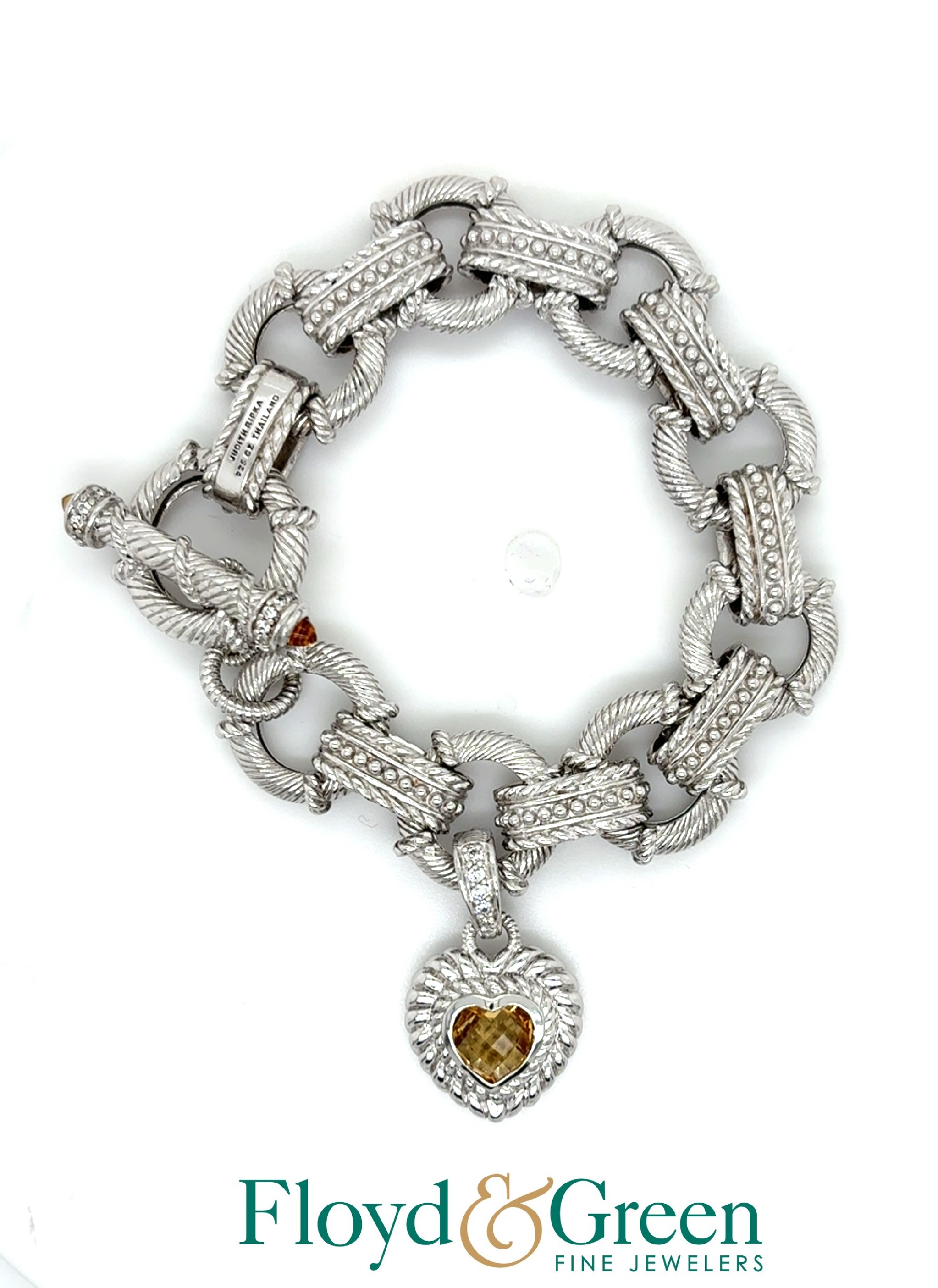 Judith Ripka Sterling Silver Round Link Bracelet with Light Yellow CZ Heart Charm, 7.5 inch, 51.9g