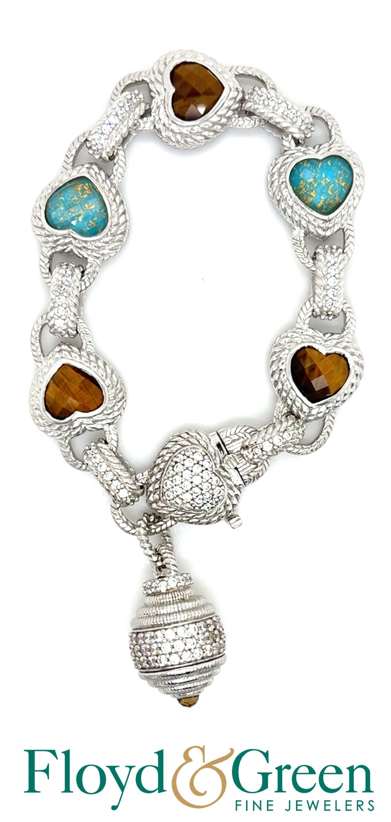 Judith Ripka Sterling Silver Heart Link Bracelet with Colored CZs, 7 inch, 54.6g