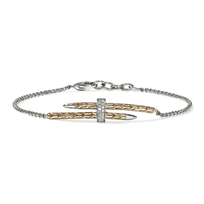 Spear 14KY and Silver Dia Pave .08ctw Station Bracelet w/1.5mm Rolo Chain and Lobster Clasp