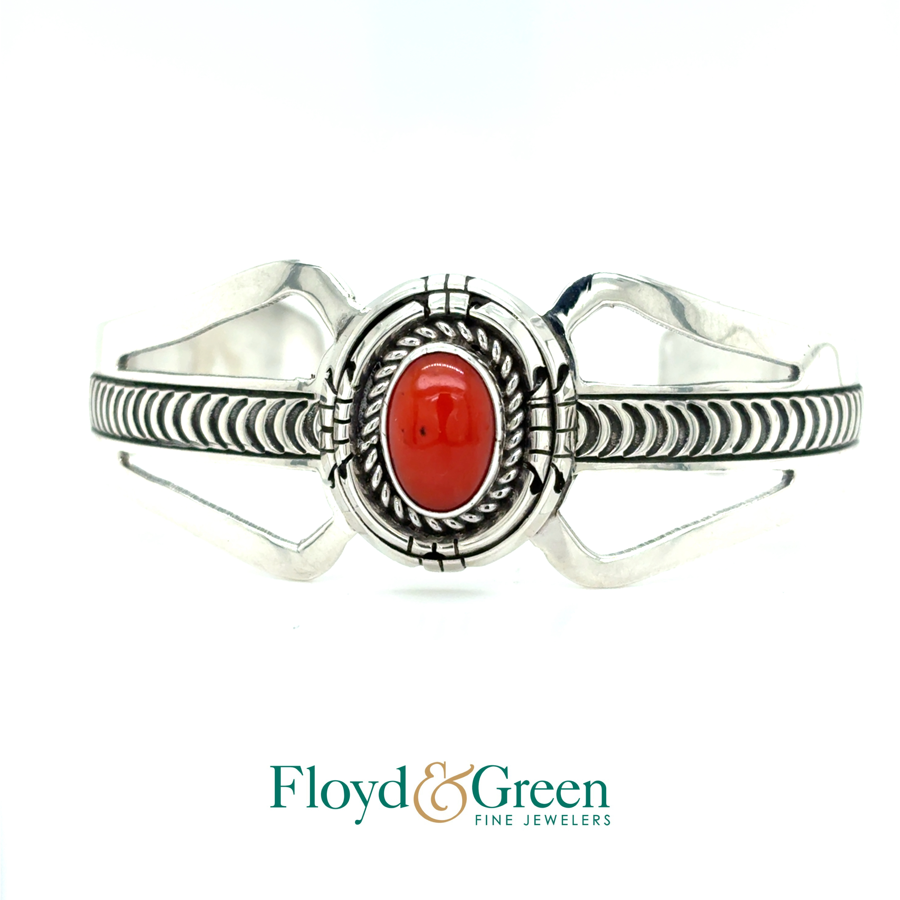 Sterling Silver Cuff Bracelet with Oval Orange Coral Stone, 27g