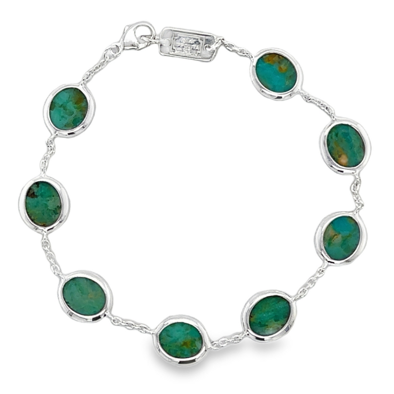 925 Polished Rock Candy Mini Oval Slice Chain Bracelet in Green Turquoise Block Slice 7.25