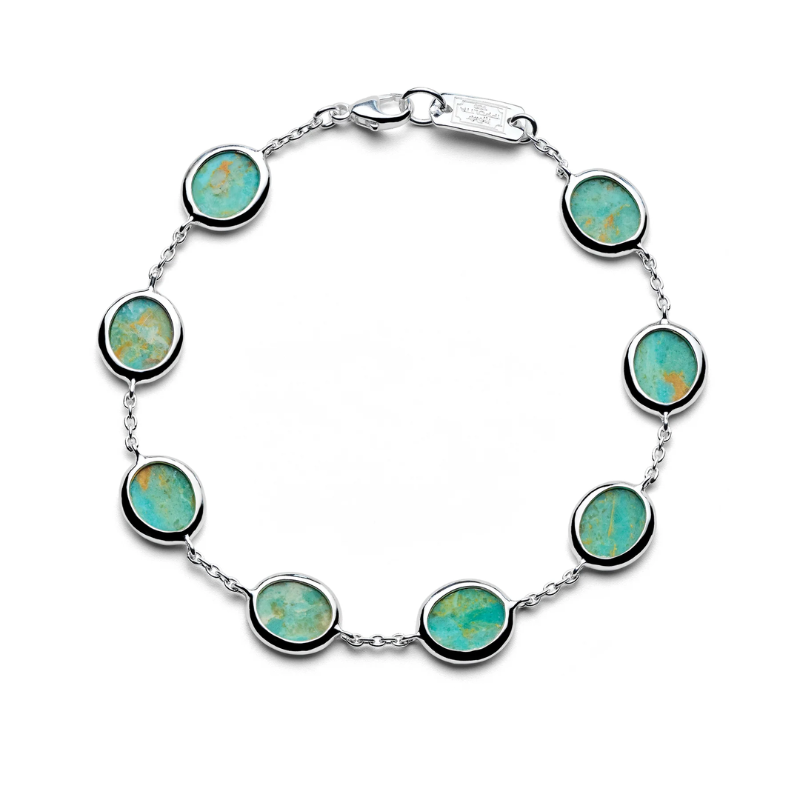 925 Polished Rock Candy Mini Oval Slice Chain Bracelet in Bronze & Mosaic Turquoise Slice (7.25)