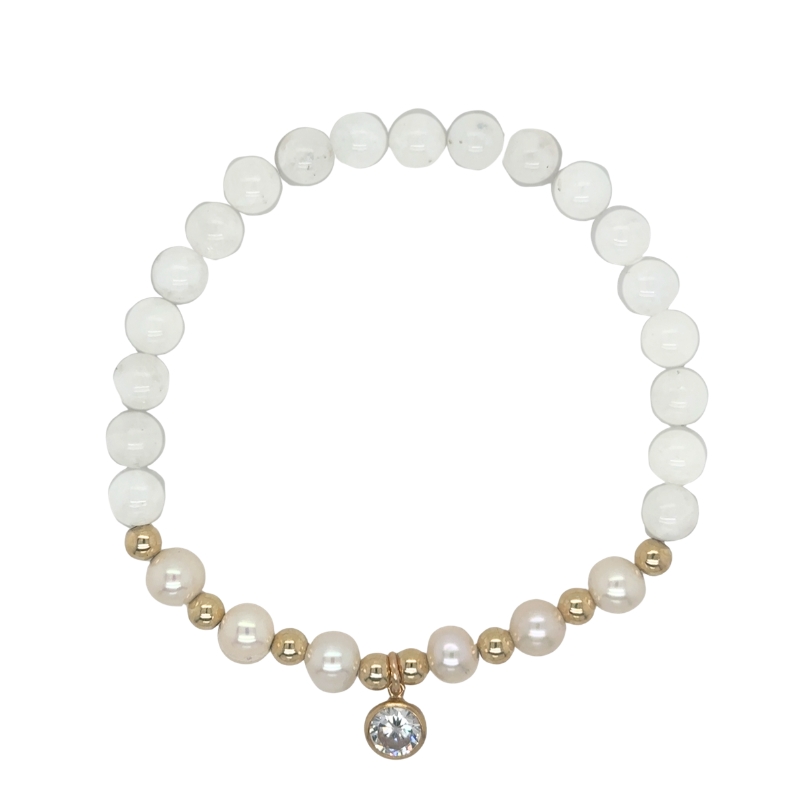 Pearl, Moonstone & 14kt Gold Filled with CZ Bezel Bracelet