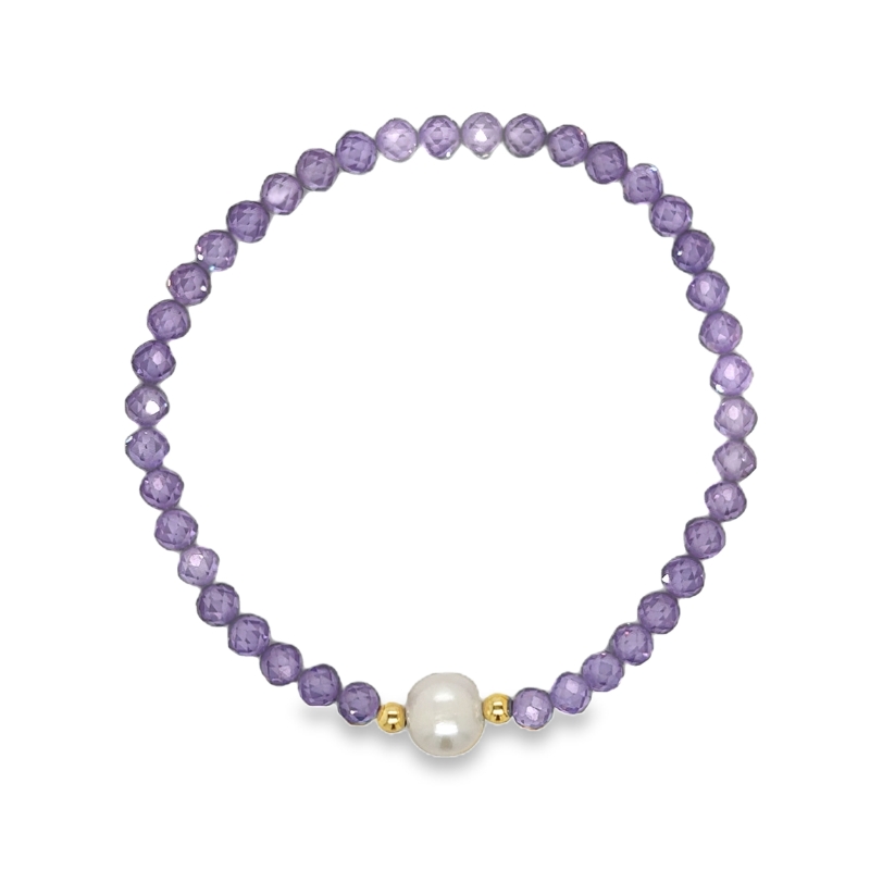Light Purple CZ 4MM  and Pearl 8MM  Bead Bracelet
