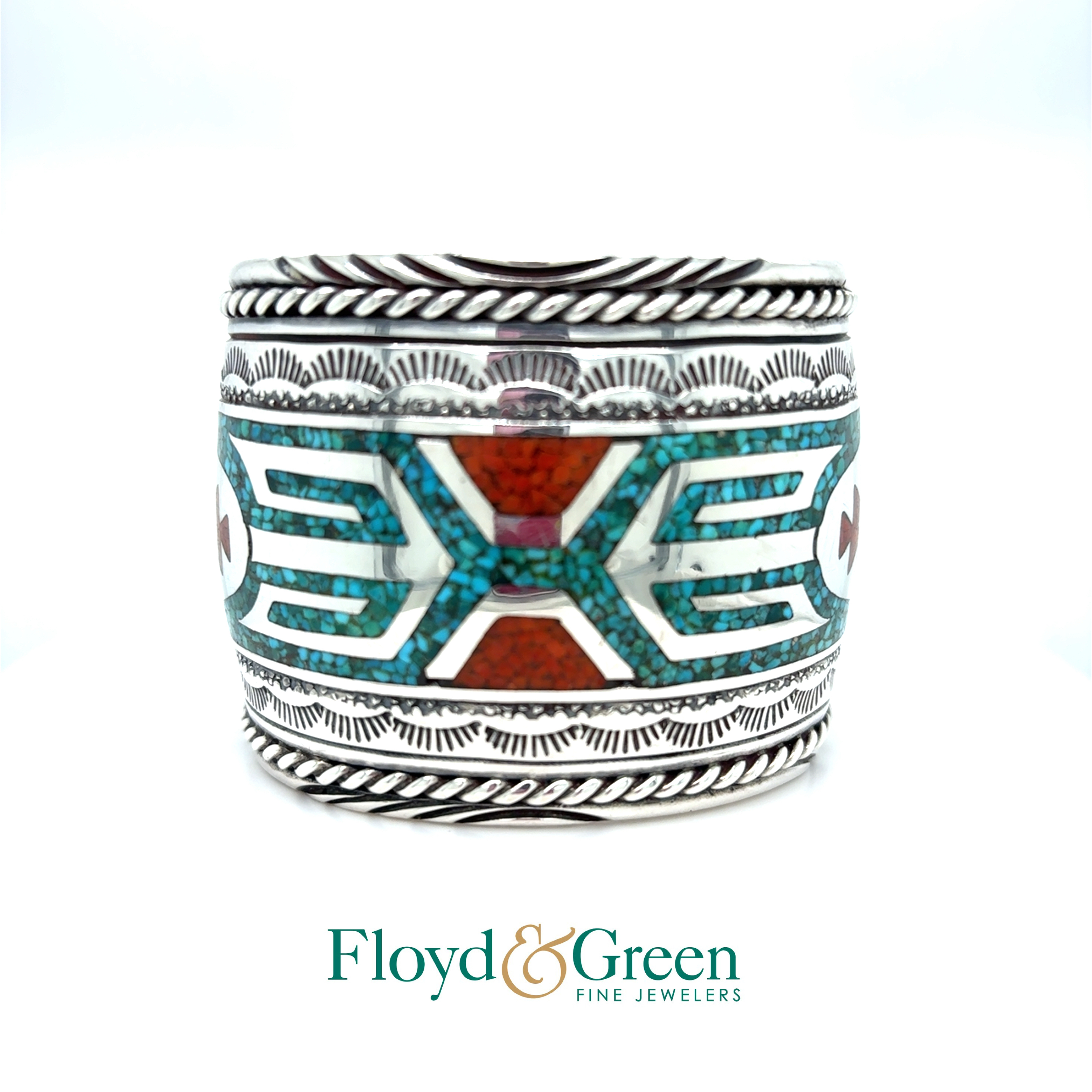Sterling Silver Wide Cuff Bracelet with Blue and Orange Turquoise