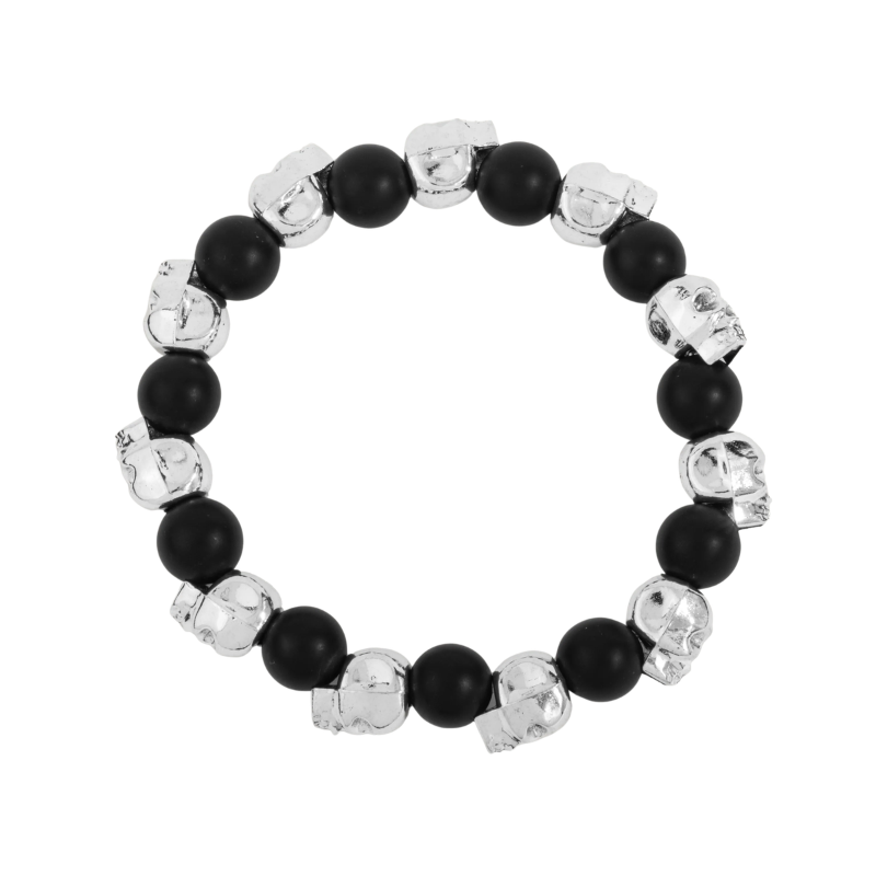 Dee Berkley Matte Black Agate & Silver Skulls Mens Bead Bracelet