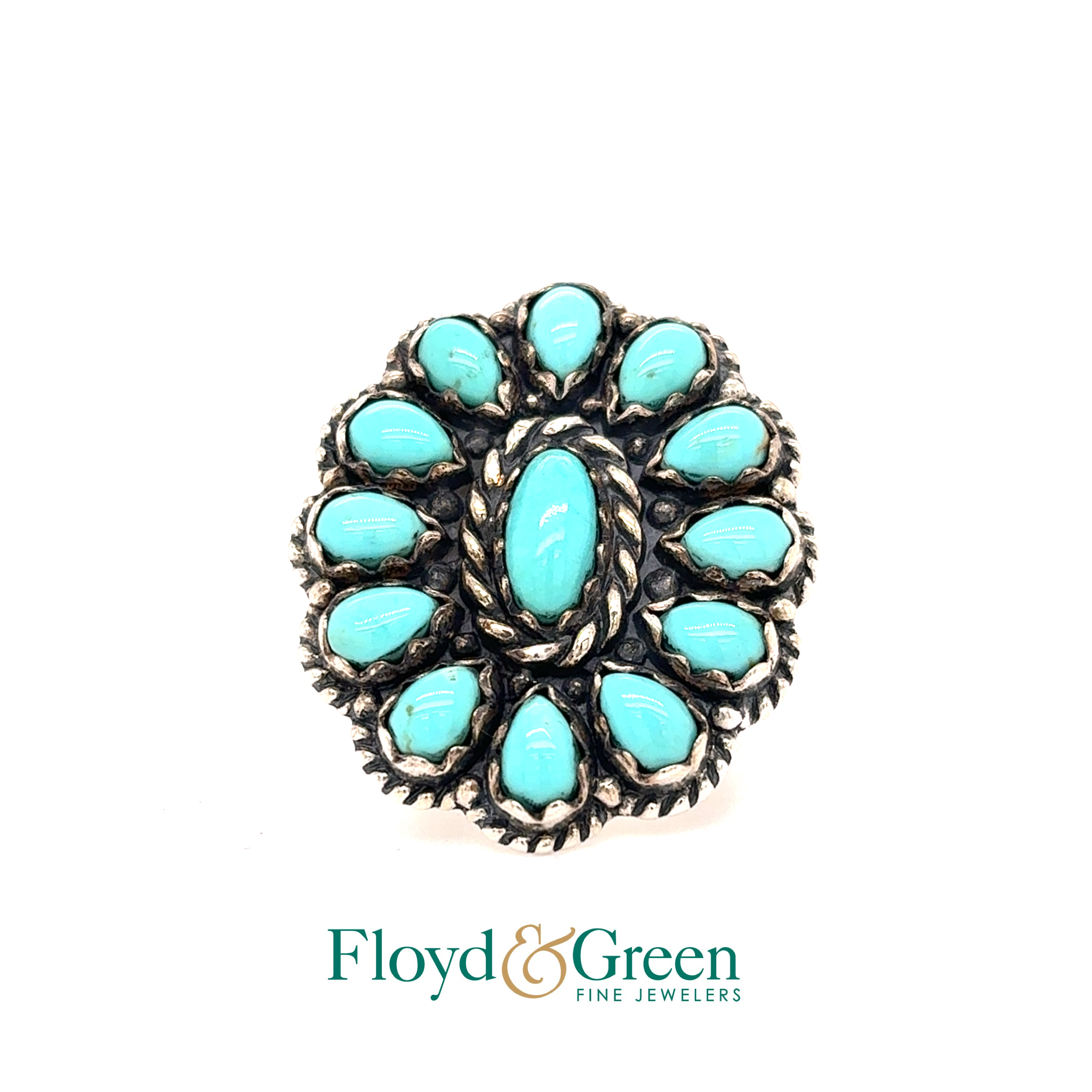 Sterling Silver Turquoise Cluster Ring, Size 6, 18.2g