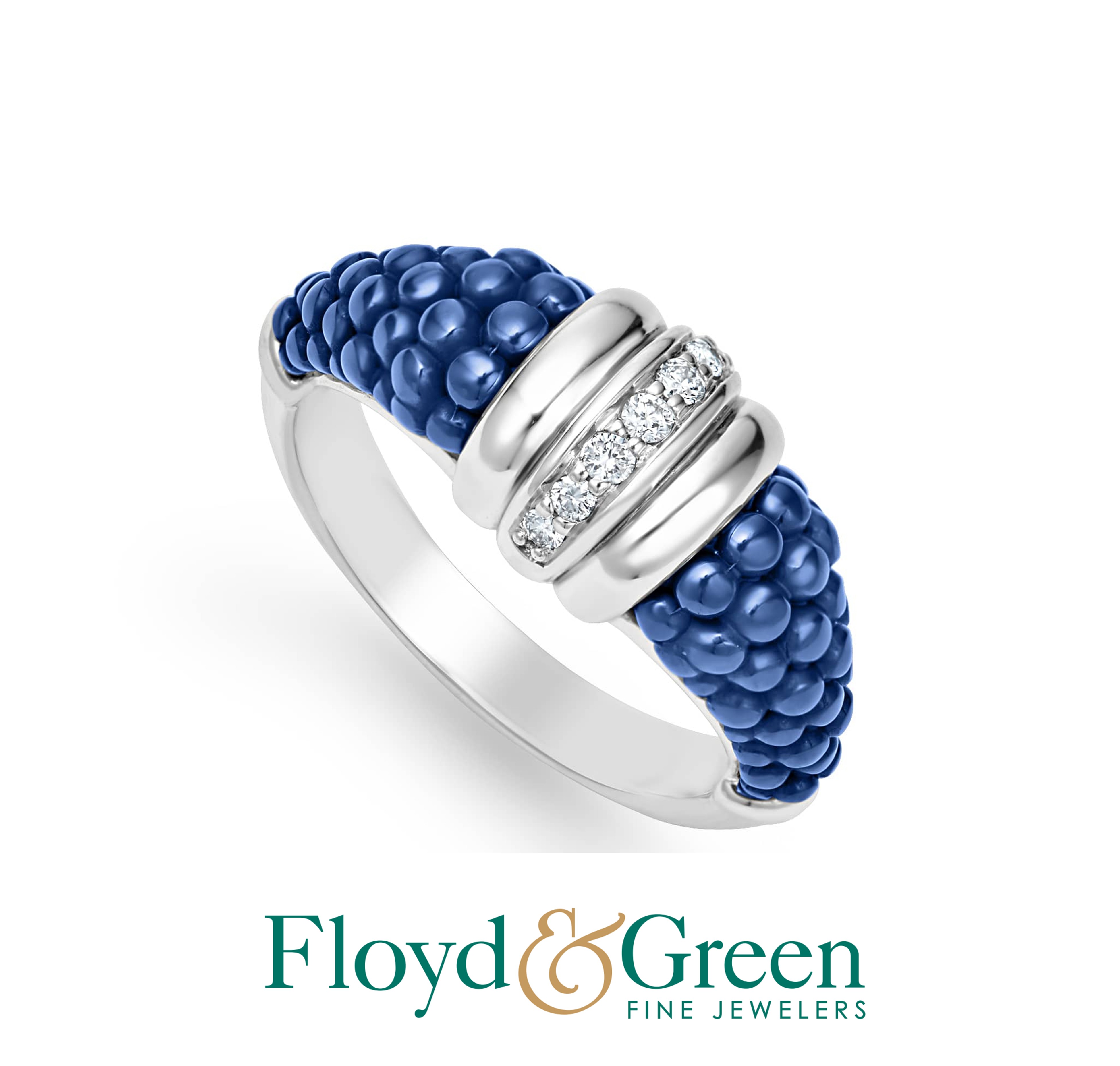 Lagos Sterling Silver Caviar Ultramarine Ceramic Diamond Stacking Ring, Size 7