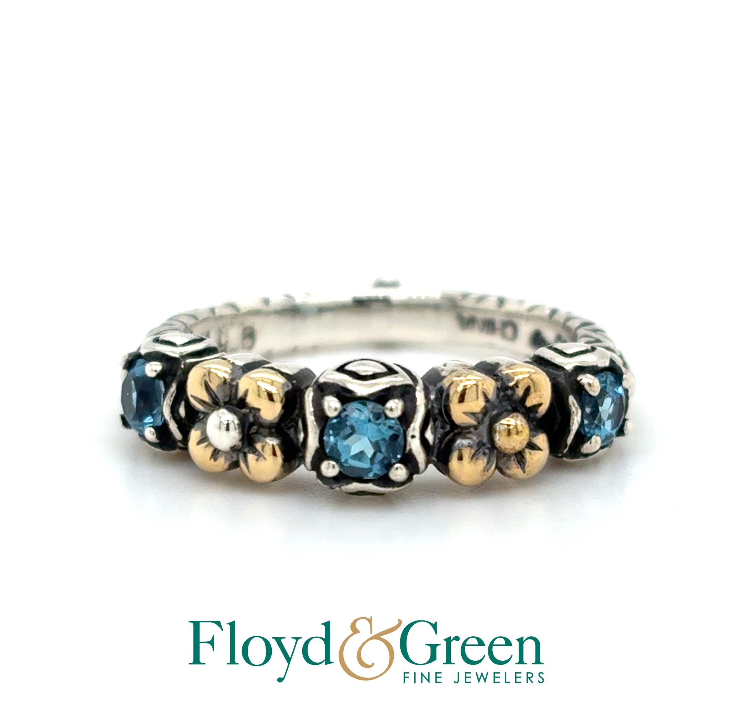 Sterling Silver & 18KY Band with 3 Round Blue Topaz Stones, Size 6, 3.8g BIXBY