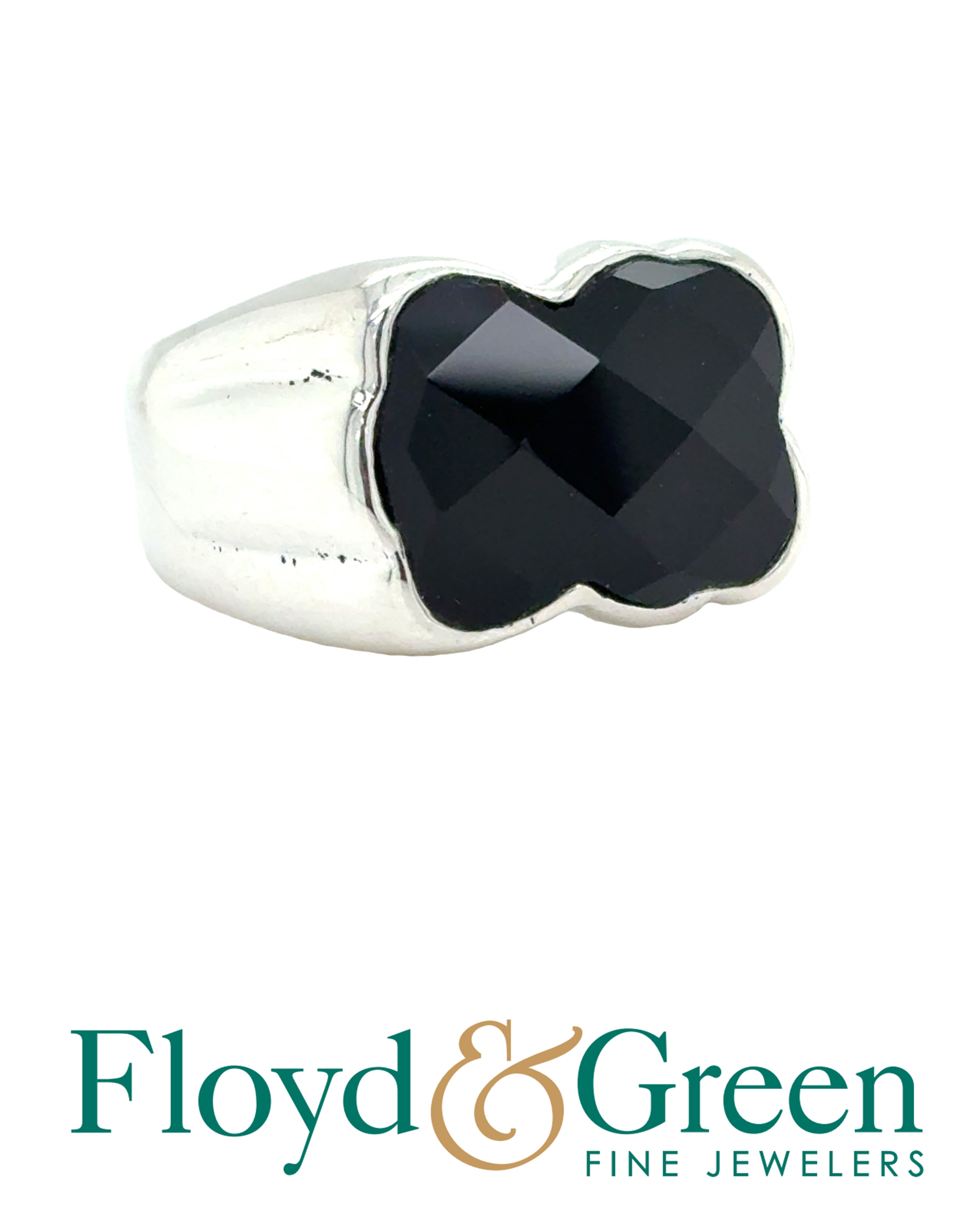 Sterling Silver Ring with Checkerbordl Black Onyx Stone, Size 5.5, 6.9g