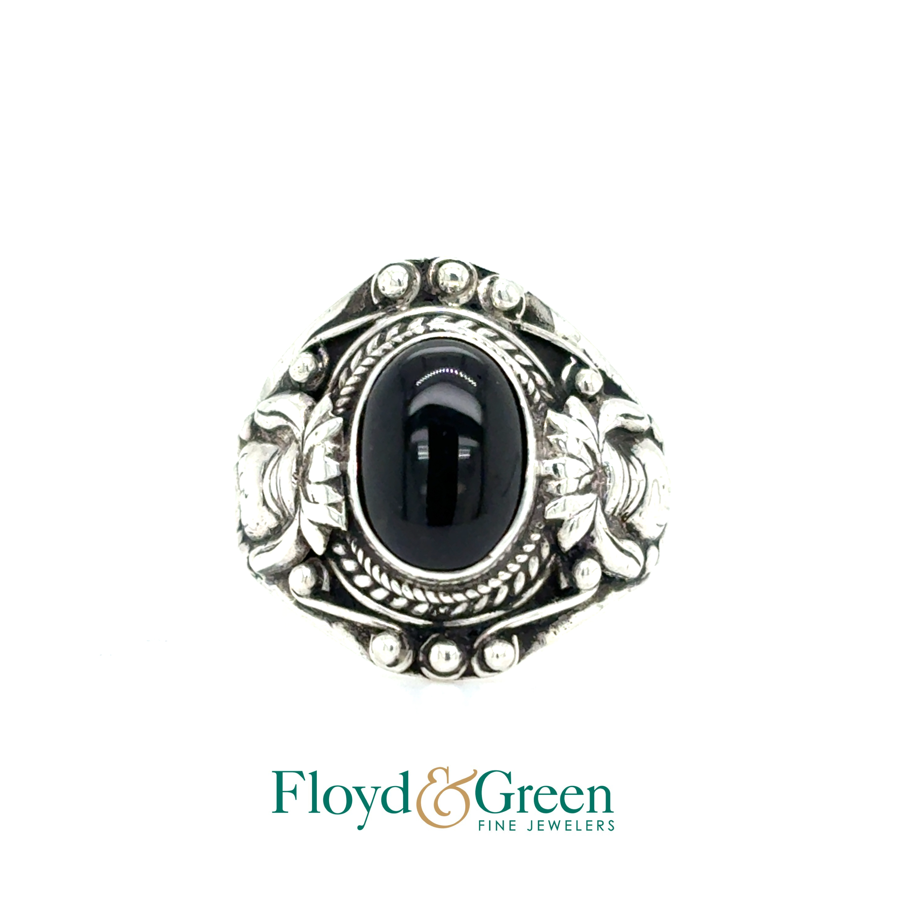 Sterling Silver Decorative Ring with Oval Black Onyx Stone, Size 7.5, 6.2g