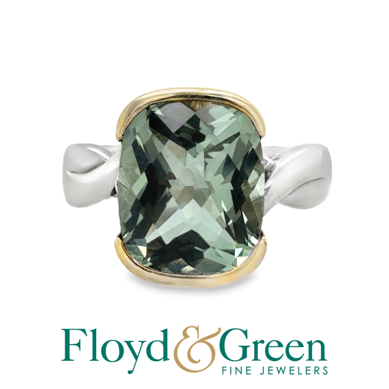 Sterling Silver & 18KY Green Amythest Ring, Size 6